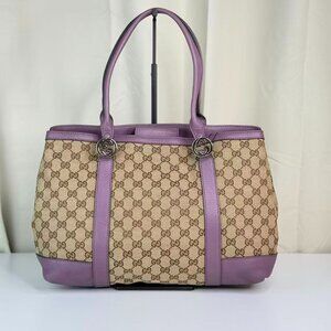Gucci GG Logo Supreme Shoulder Bag Tote Purple Trim & Beige Patterned Design